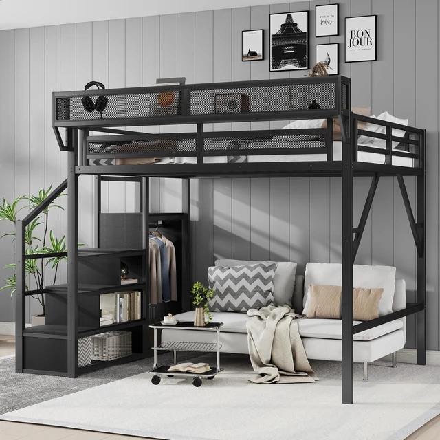 Main image of Queen Size Loft Bed with Stairs, Metal Queen Loft Bed with Storage Shelves, High Loft Bed with Wardrobe for Kids Teens Adults, Black