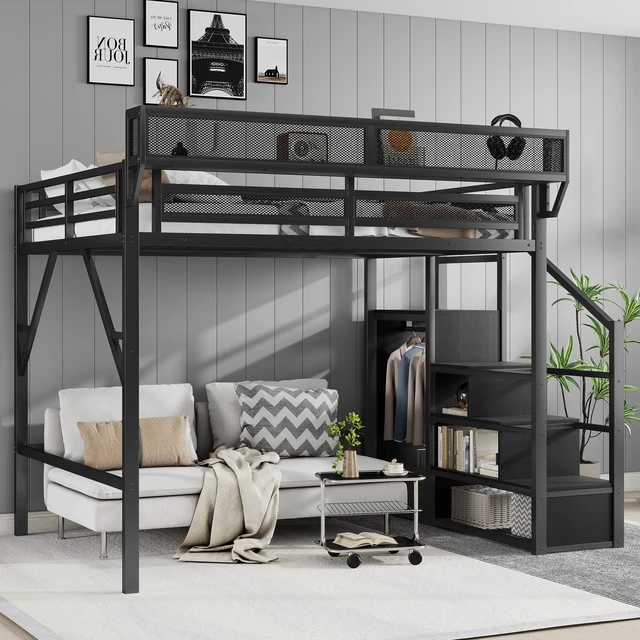Alt view image 3 of 7 - Queen Size Loft Bed with Stairs, Metal Queen Loft Bed with Storage Shelves, High Loft Bed with Wardrobe for Kids Teens Adults, Black