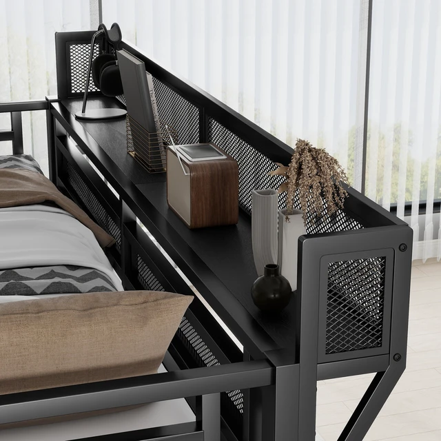 Alt view image 5 of 7 - Queen Size Loft Bed with Stairs, Metal Queen Loft Bed with Storage Shelves, High Loft Bed with Wardrobe for Kids Teens Adults, Black