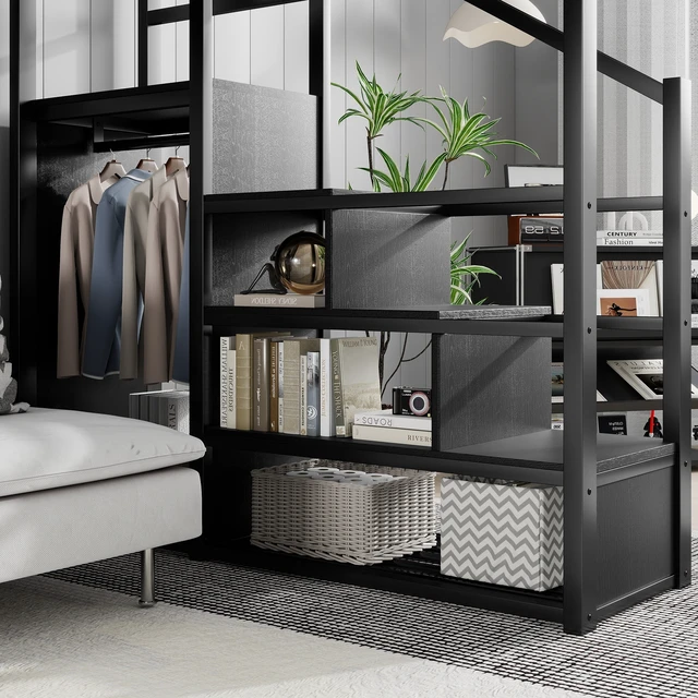 Alt view image 6 of 7 - Queen Size Loft Bed with Stairs, Metal Queen Loft Bed with Storage Shelves, High Loft Bed with Wardrobe for Kids Teens Adults, Black