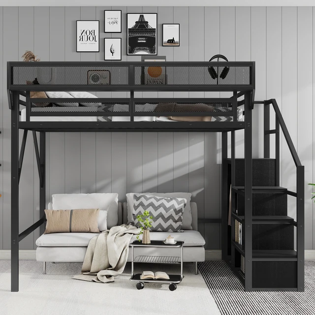 Alt view image 2 of 7 - Queen Size Loft Bed with Stairs, Metal Queen Loft Bed with Storage Shelves, High Loft Bed with Wardrobe for Kids Teens Adults, Black