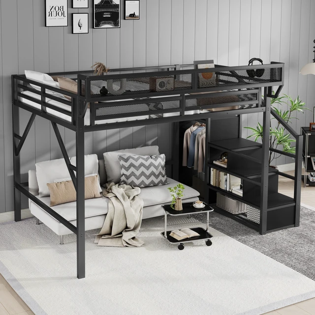 Alt view image 4 of 7 - Queen Size Loft Bed with Stairs, Metal Queen Loft Bed with Storage Shelves, High Loft Bed with Wardrobe for Kids Teens Adults, Black