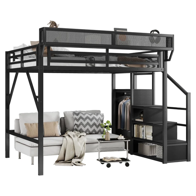 Alt view image 7 of 7 - Queen Size Loft Bed with Stairs, Metal Queen Loft Bed with Storage Shelves, High Loft Bed with Wardrobe for Kids Teens Adults, Black