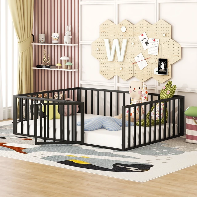 Alt view image 2 of 7 - Full Size Metal Floor Bed Frame with Fence and Door, Black