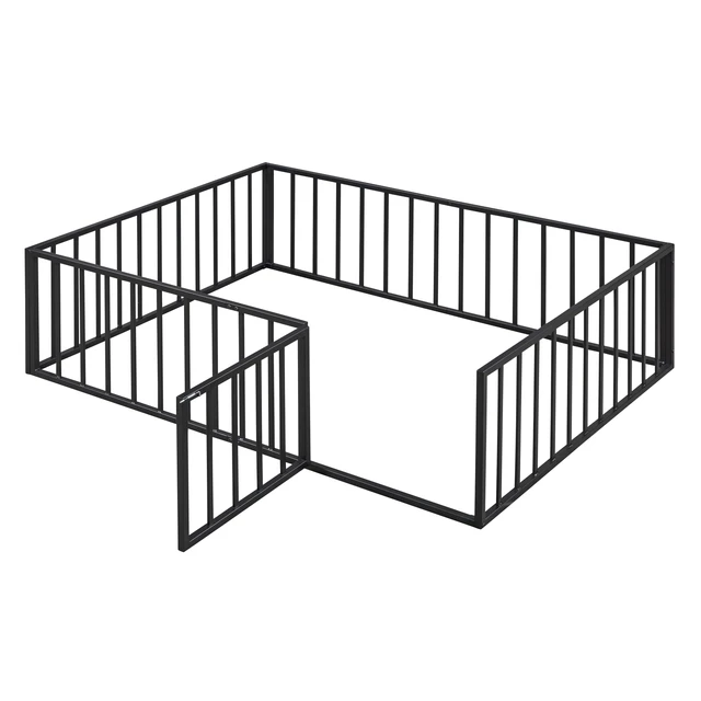 Alt view image 5 of 7 - Full Size Metal Floor Bed Frame with Fence and Door, Black