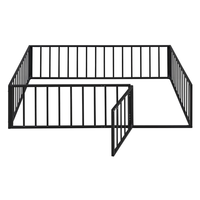 Alt view image 6 of 7 - Full Size Metal Floor Bed Frame with Fence and Door, Black