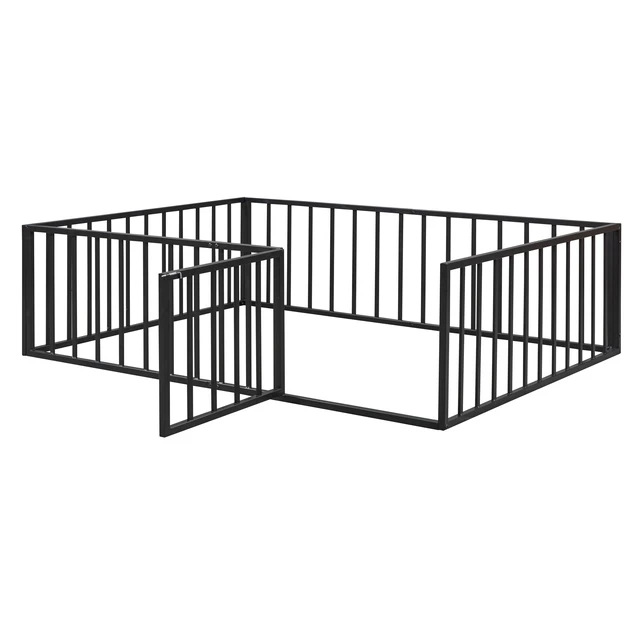 Alt view image 4 of 7 - Full Size Metal Floor Bed Frame with Fence and Door, Black