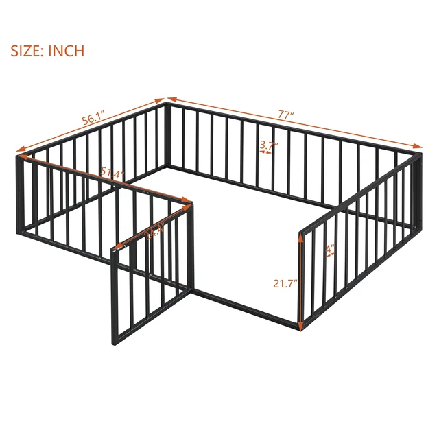 Alt view image 7 of 7 - Full Size Metal Floor Bed Frame with Fence and Door, Black