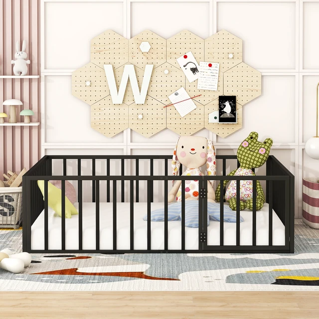 Alt view image 3 of 7 - Full Size Metal Floor Bed Frame with Fence and Door, Black