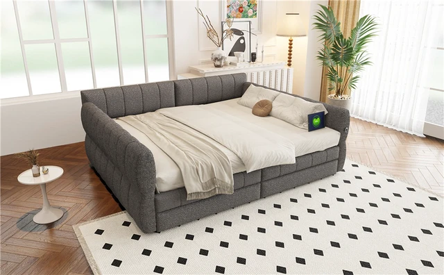Alt view image 4 of 7 - Queen Size Upholstered Platform Bed with USB and 2 Drawers, Gray