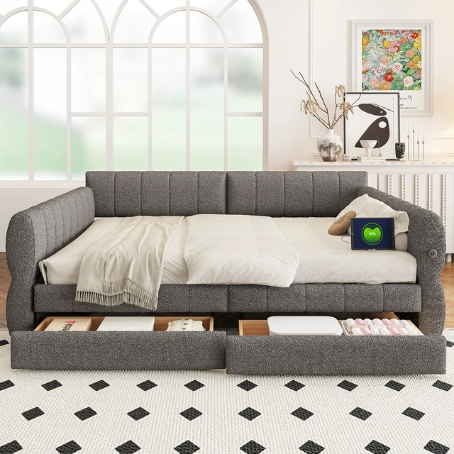 Alt view image 2 of 7 - Queen Size Upholstered Platform Bed with USB and 2 Drawers, Gray