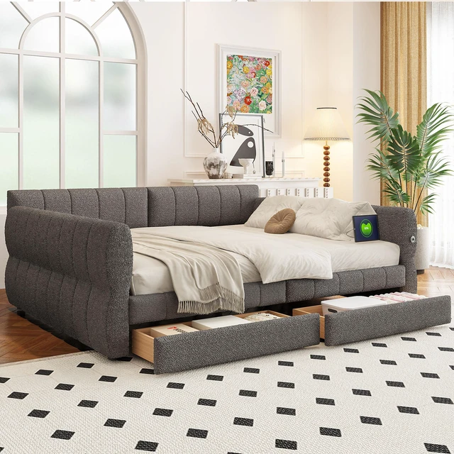 Main image of Queen Size Upholstered Platform Bed with USB and 2 Drawers, Gray