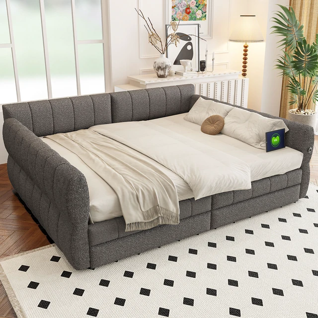 Alt view image 3 of 7 - Queen Size Upholstered Platform Bed with USB and 2 Drawers, Gray