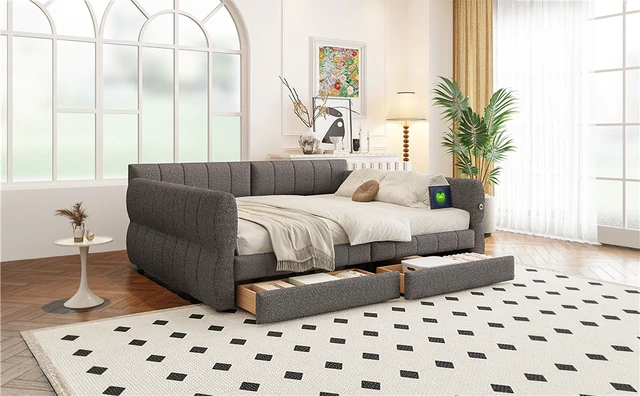 Alt view image 5 of 7 - Queen Size Upholstered Platform Bed with USB and 2 Drawers, Gray