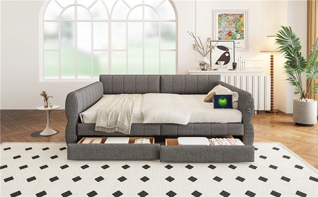 Alt view image 6 of 7 - Queen Size Upholstered Platform Bed with USB and 2 Drawers, Gray