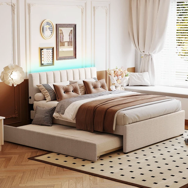Main image of Teddy Fleece Queen Size Upholstered Platform Bed with Twin XL Trundle, Beige