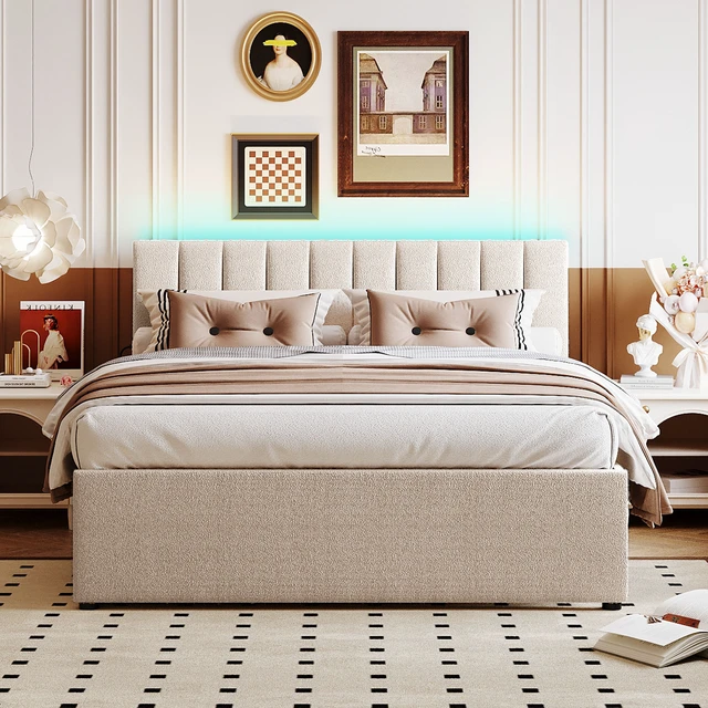 Alt view image 2 of 7 - Teddy Fleece Queen Size Upholstered Platform Bed with Twin XL Trundle, Beige