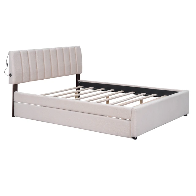 Alt view image 3 of 7 - Teddy Fleece Queen Size Upholstered Platform Bed with Twin XL Trundle, Beige