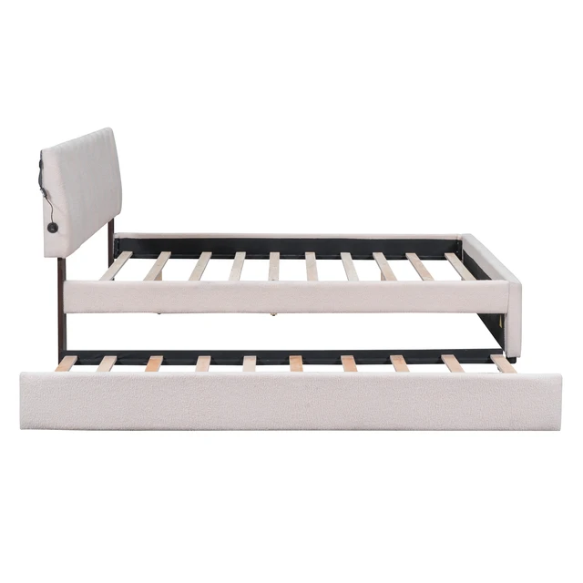 Alt view image 4 of 7 - Teddy Fleece Queen Size Upholstered Platform Bed with Twin XL Trundle, Beige