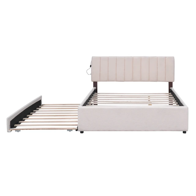 Alt view image 6 of 7 - Teddy Fleece Queen Size Upholstered Platform Bed with Twin XL Trundle, Beige
