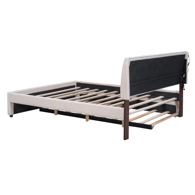 Alt view image 7 of 7 - Teddy Fleece Queen Size Upholstered Platform Bed with Twin XL Trundle, Beige