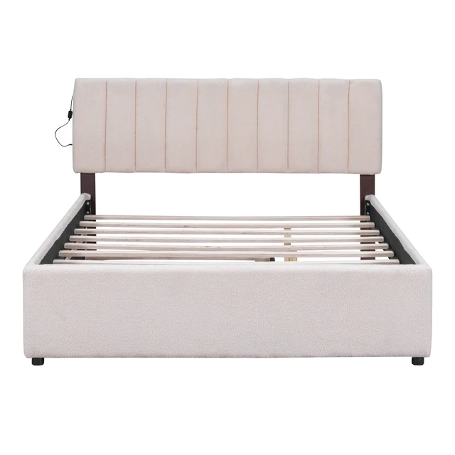 Alt view image 5 of 7 - Teddy Fleece Queen Size Upholstered Platform Bed with Twin XL Trundle, Beige