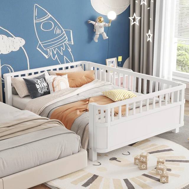 Alt view image 4 of 7 - Full Size Wood Platform Bed for Kids, Wood Low Profile Full Bed with Rails for Girls and Boys, White (Patented Design, Old SKU W2593P233767)