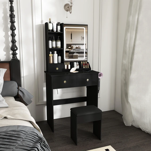 Alt view image 2 of 7 - Modern small Vanity Desk ,featuring 3 modes of LED lighting with adjustable brightness, 3 drawers and multiple open storage shelves, a hair dryer holder and power socket, and a dressing chair. black