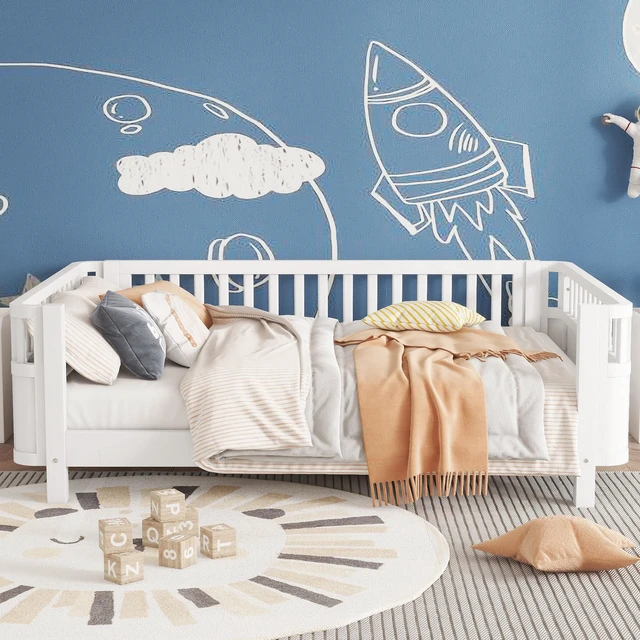 Alt view image 2 of 7 - Full Size Wood Platform Bed for Kids, Wood Low Profile Full Bed with Rails for Girls and Boys, White (Patented Design, Old SKU W2593P233767)