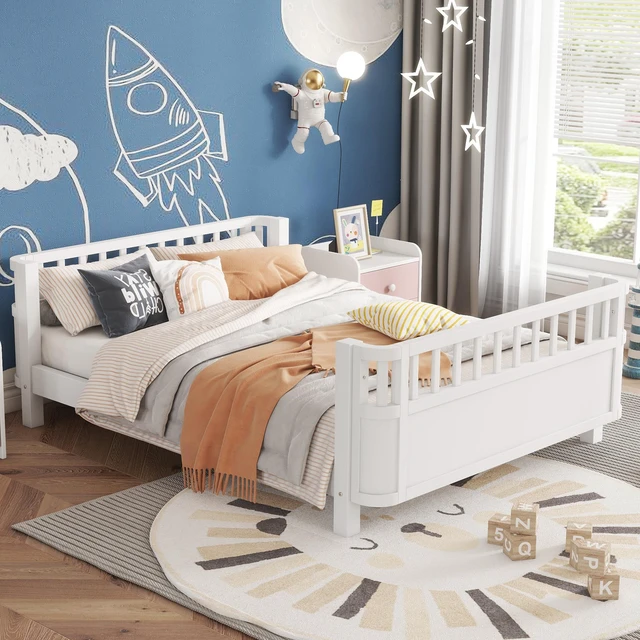 Alt view image 3 of 7 - Full Size Wood Platform Bed for Kids, Wood Low Profile Full Bed with Rails for Girls and Boys, White (Patented Design, Old SKU W2593P233767)
