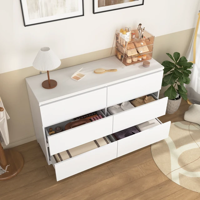 Alt view image 4 of 7 - 6 Drawer Storage Cabinet ,Dresser, Wood Storage Tower Clothes Organizer, Wide Chest of 6 Drawers, Large Storage Space for Bedroom, Hallway, Entryway Living Room White