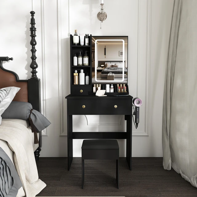 Main image of Modern small Vanity Desk ,featuring 3 modes of LED lighting with adjustable brightness, 3 drawers and multiple open storage shelves, a hair dryer holder and power socket, and a dressing chair. black