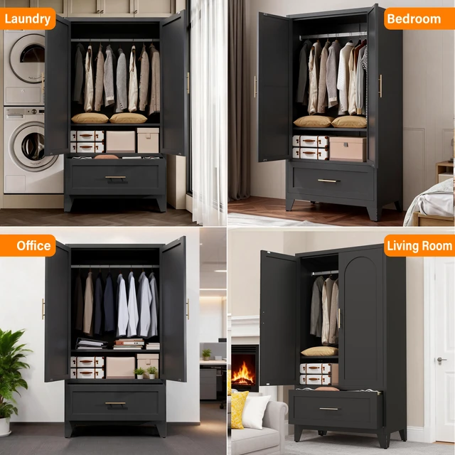 Alt view image 5 of 7 - 60" Tall Metal Wardrobe Cabinet with 1 Drawer and Hanging Rod, 2 Doors Wardrobe Closet with Shelf for Bedroom, Office, Laundry Room,Entryway ,Foyer,Guesthouse (Black)