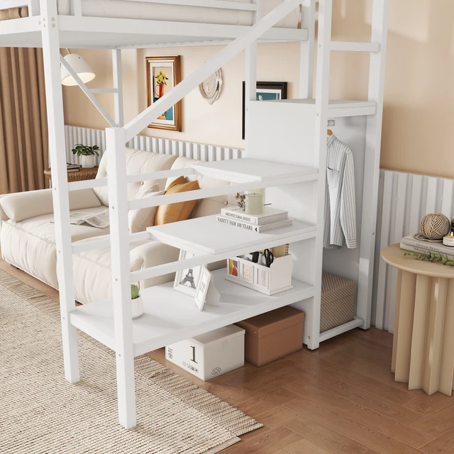 Alt view image 4 of 7 - Twin Size Loft Bed with Stairs, Metal Loft Bed with Storage Shelves, High Loft Bed with Wardrobe for Kids Teens,White