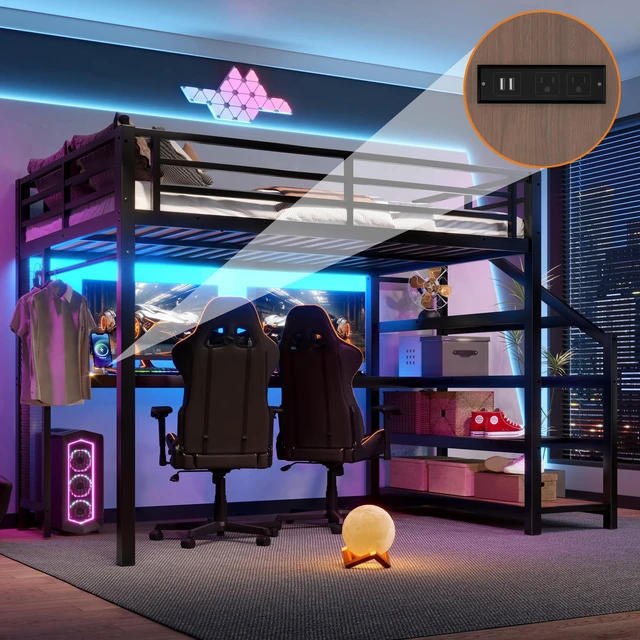 Main image of Full Loft Bed with Desk and Storage Stairs, Metal Loft Beds with LED Lights, USB Ports, Multifunctional Iron Nets, No Spring Box Needed and Noise-free, Black