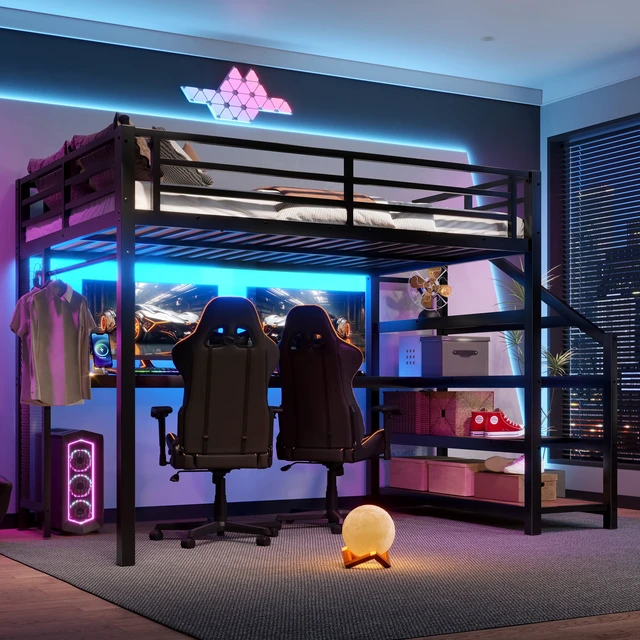 Alt view image 2 of 7 - Full Loft Bed with Desk and Storage Stairs, Metal Loft Beds with LED Lights, USB Ports, Multifunctional Iron Nets, No Spring Box Needed and Noise-free, Black