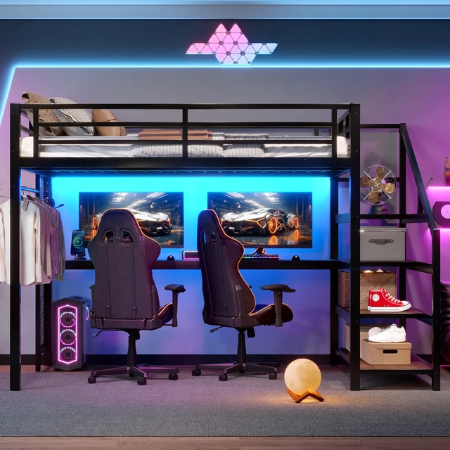 Alt view image 4 of 7 - Full Loft Bed with Desk and Storage Stairs, Metal Loft Beds with LED Lights, USB Ports, Multifunctional Iron Nets, No Spring Box Needed and Noise-free, Black