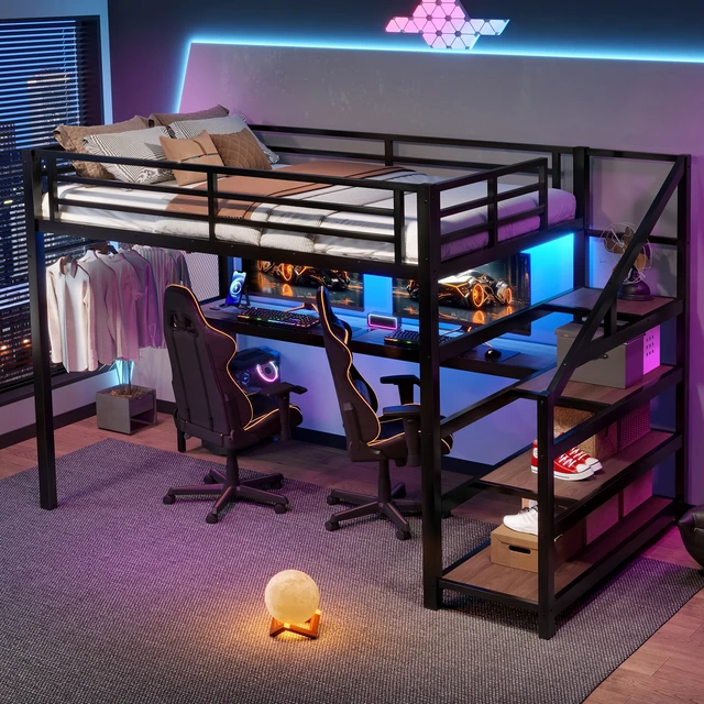 Alt view image 3 of 7 - Full Loft Bed with Desk and Storage Stairs, Metal Loft Beds with LED Lights, USB Ports, Multifunctional Iron Nets, No Spring Box Needed and Noise-free, Black
