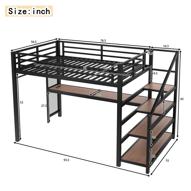 Alt view image 5 of 7 - Full Loft Bed with Desk and Storage Stairs, Metal Loft Beds with LED Lights, USB Ports, Multifunctional Iron Nets, No Spring Box Needed and Noise-free, Black