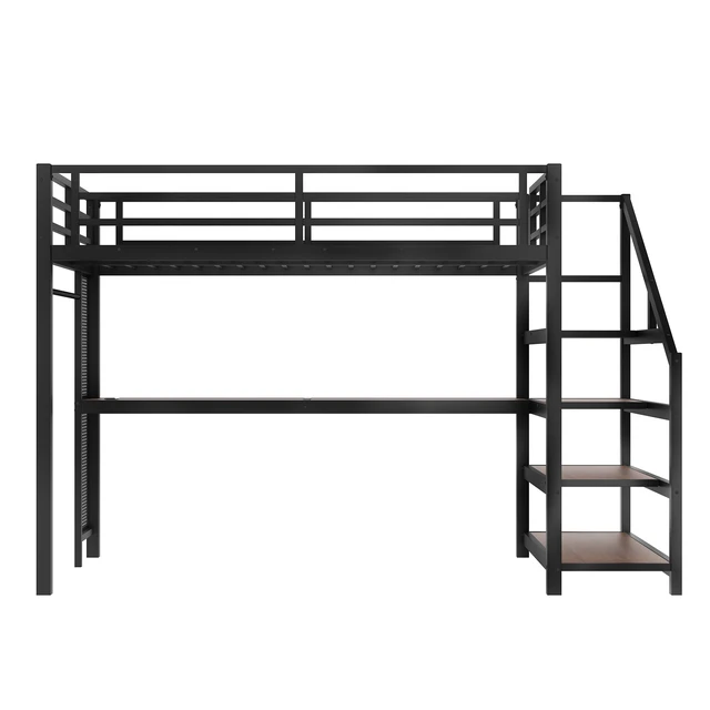 Alt view image 6 of 7 - Full Loft Bed with Desk and Storage Stairs, Metal Loft Beds with LED Lights, USB Ports, Multifunctional Iron Nets, No Spring Box Needed and Noise-free, Black