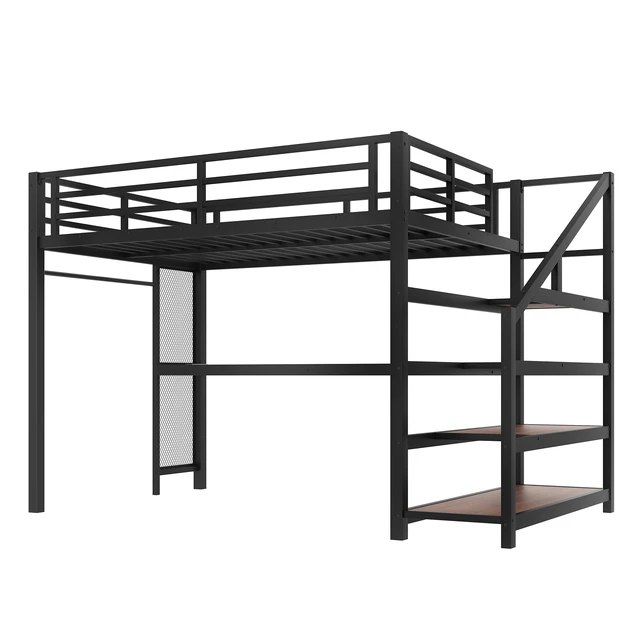 Alt view image 7 of 7 - Full Loft Bed with Desk and Storage Stairs, Metal Loft Beds with LED Lights, USB Ports, Multifunctional Iron Nets, No Spring Box Needed and Noise-free, Black