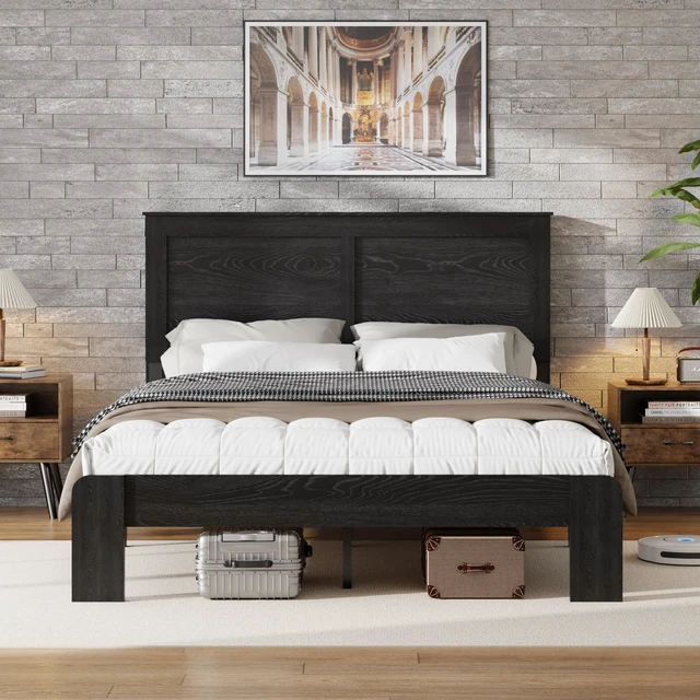 Main image of Bed Frame King Size, Wood Platform Bed Frame , Noise Free,No Box Spring Needed and Easy Assembly Tool,Large Under Bed Storage,Dark Black