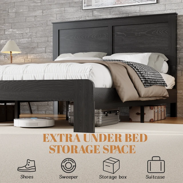 Alt view image 3 of 5 - Bed Frame King Size, Wood Platform Bed Frame , Noise Free,No Box Spring Needed and Easy Assembly Tool,Large Under Bed Storage,Dark Black