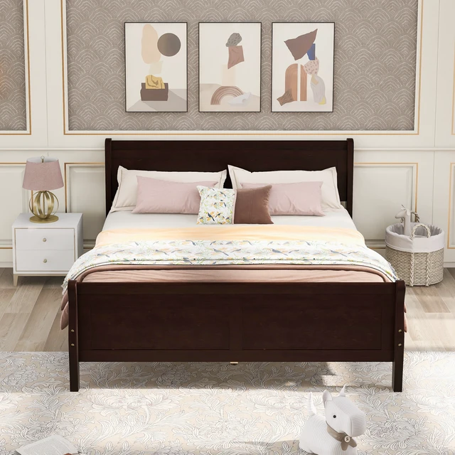 Alt view image 2 of 7 - Full Size Wood Platform Bed with Headboard and Wooden Slat Support (Espresso)