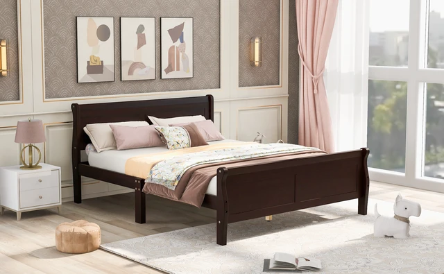 Alt view image 3 of 7 - Full Size Wood Platform Bed with Headboard and Wooden Slat Support (Espresso)