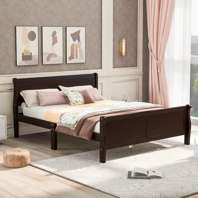 Main image of Full Size Wood Platform Bed with Headboard and Wooden Slat Support (Espresso)