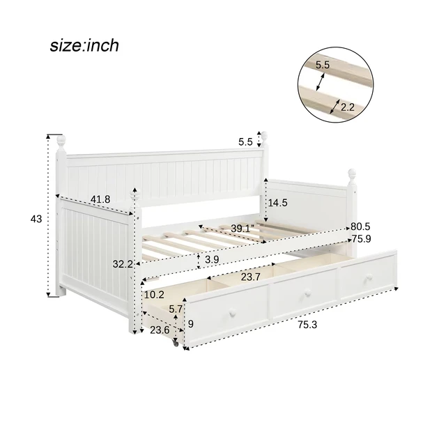 Alt view image 7 of 7 - Wood Daybed with Three Drawers ,Twin Size Daybed,No Box Spring Needed ,White