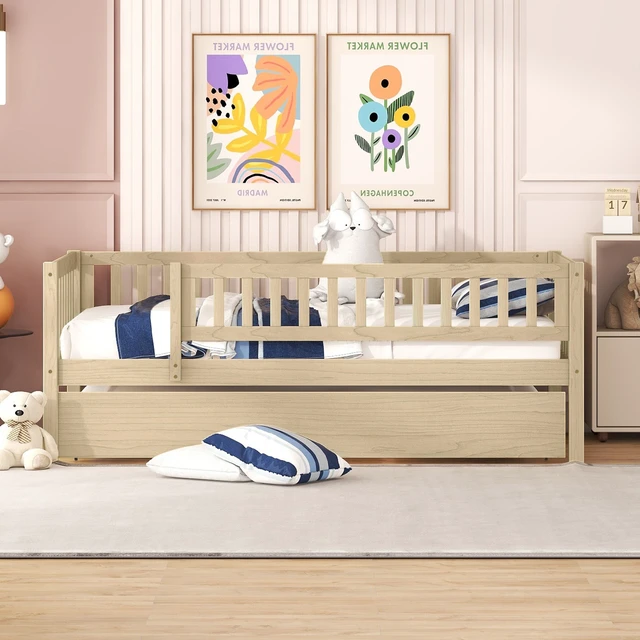 Alt view image 2 of 7 - Twin Size Wood Daybed with Trundle and Fence Guardrails, Natural