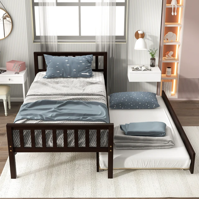 Alt view image 3 of 7 - Twin Bed with Trundle, Platform Bed Frame with Headboard and Footboard, for Bedroom Small Living Space,No Box Spring Needed,Espresso