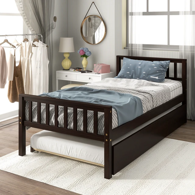 Alt view image 2 of 7 - Twin Bed with Trundle, Platform Bed Frame with Headboard and Footboard, for Bedroom Small Living Space,No Box Spring Needed,Espresso